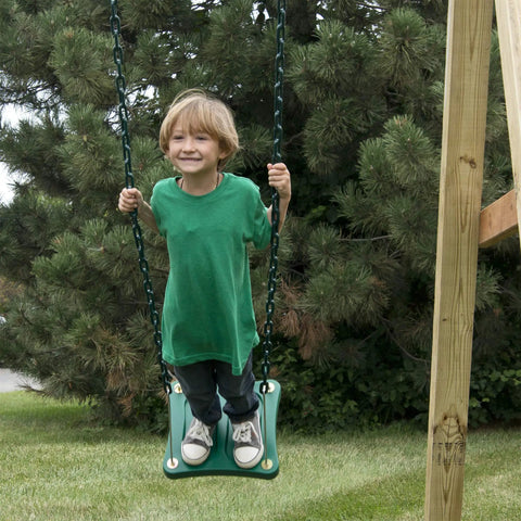 Child standing on green stand up swing for backyard playsets with 14x14 inch base coated chains pinch free design includes hardware