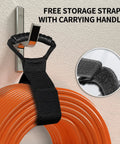 Beefy Outdoor Extension Cord 200 Feet Waterproof 12 Gauge with storage strap and carrying handle, coiled orange cord on hook.