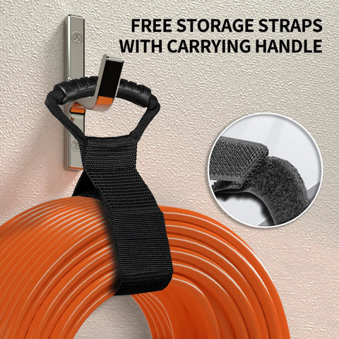 Beefy Outdoor Extension Cord 200 Feet Waterproof 12 Gauge with storage strap and carrying handle, coiled orange cord on hook.