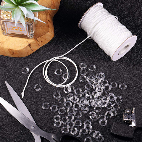 Upgraded Window Setup With This Dope Set Including 100 Clear Roman Rings And 55 Yards Of Heavy Duty White Cord For Stress Free Reweaving And Clean Modern Vibe For Quick Diy Projects Around The House featuring clear plastic rings and white cord.