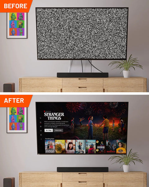 Before and after using Wall Mounted TV Cable Management Kit 4 Pack With Pass Throughs Locking Brackets And Hole Saw in living room.