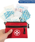 Front view of red zippered first aid kit pouch with white cross emblem and visible bandages, gauze pads, and cotton swabs.