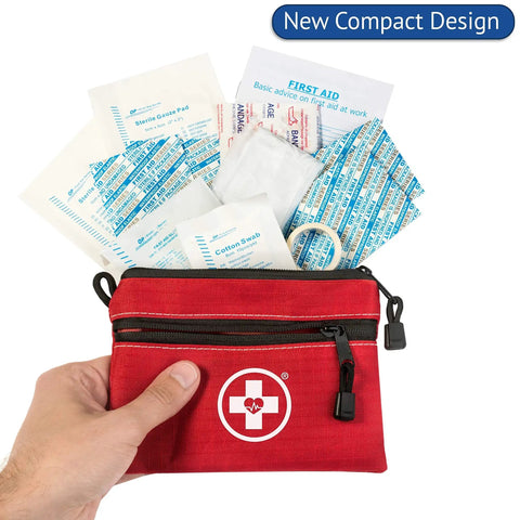 2 In 1 First Aid Kit For Car Travel And Home With 64 Piece Medical Supplies And 25 Pack Bonus Mini Kit, compact red pouch