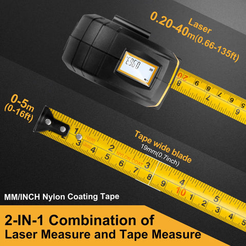 2 In 1 Laser Tape Measure With Auto Lock Magnetic Hook, 135 Ft Laser Range And 16 Ft Manual Tape, nylon-coated tape