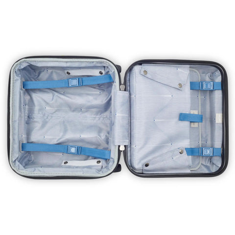 Open interior view of Cruise 3.0 Hardside Underseater Carry On Luggage With Two Inline Wheels Lightweight Polycarbonate Shell, adjustable straps