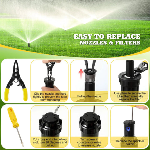 All In One Sprinkler Head Removal Tool Set For Rain Bird 1800 And 5000 Series Pop Up Heads showing tool usage instructions
