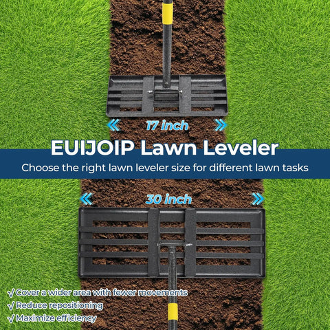 Heavy Duty Yard Work Ready Lawn Leveling Rake 30x10 Inch Head With 72 Inch Extendable Stainless Steel Handle And Ergonomic Grip For Golf Courses Soccer Fields And Backyard Turf Maintenance Pro Grade Leveler shown in 30 inch size comparison to 17 inch