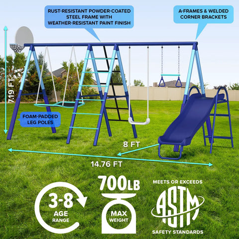 7-In-1 Metal Swing Set With 3 Swings, Climbing Net And Ladder, Basketball Hoop, 5-Ft Blow Molded Slide, 700 Lb Capacity, Yellow And Blue, Bonus Anchor Kit Included For Backyard Fun, shown in a backyard with rust-resistant frame and 700 lb capacity.