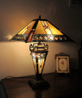 Tristan Tiffany-Style Dual-Lit Table Lamp 16 Inch Wide Handcrafted Mid-Century Charm Glass Bead Panels With 2 E26 Bulbs lit on desk