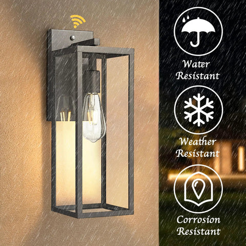 Dusk To Dawn Sensor Outdoor Wall Lantern 15 Inch Tall Anti Rust Black Exterior Light with icons showing weather resistance