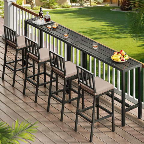 55 Inch Outdoor Bar Table Bar Height Rectangle Narrow Design For Balcony Patio Garden Yard Poolside Black Sturdy Frame