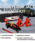 Beefy 2 Ton Hydraulic Low Profile Trolley Floor Jack With Blow Mold Carrying Case And 1 Pair 2 Ton Jack Stands displayed