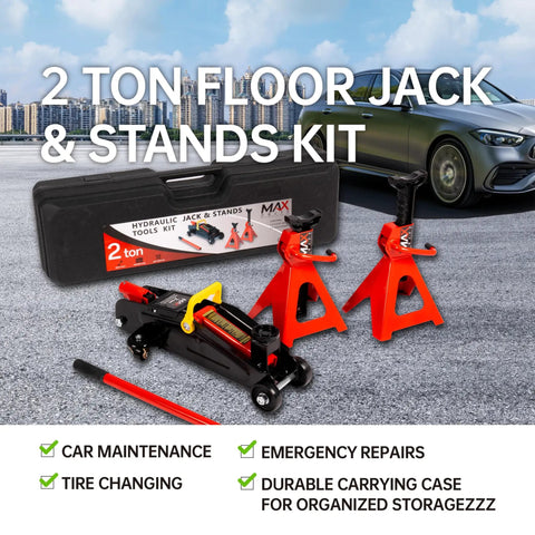 Beefy 2 Ton Hydraulic Low Profile Trolley Floor Jack With Blow Mold Carrying Case And 1 Pair 2 Ton Jack Stands displayed