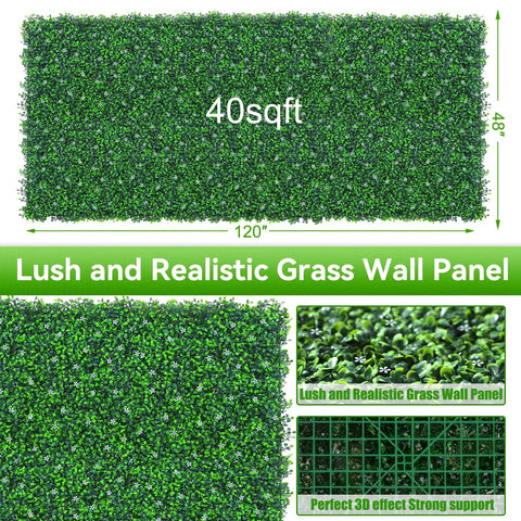 48 By 120 Inch Grass Wall Panels Set Realistic Artificial Grass Backdrop With Flower Vines Lush Faux Boxwood Roll shown in detail