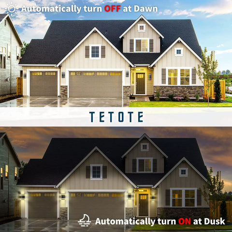 Dusk To Dawn Outdoor Wall Lights Two Pack With UV Sensor illuminating house front, automatic on/off at sunset and dawn.