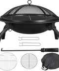 21 Inch Portable Folding Steel Fire Pit With Carrying Bag Spark Screen BBQ Grill And Log Grate For Patio Backyard Camping Bonfire Lightweight 8.7 Lb Fire Bowl For Easy Outdoor Gatherings featuring folding legs and accessories.