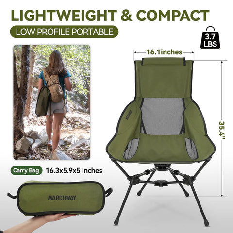 Lightweight Folding High Back Camping Chair With Head Support Go To Gear For Outdoor Camping Travel Beach Picnic Festival Hiking Backpacking In Highback Green shown with carry bag and dimensions.