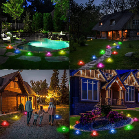 Sun Powered Solar Ground Lights 12 Pack With 8 LED In-Ground Disk Lights illuminating pathways and gardens at night, cool white.