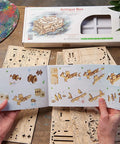 Antique Box 3D Wooden Puzzle Kit For Adults Craft Your Own DIY Mechanical Model Brain Teaser Hobby Set For Home Decor Jewelry Box Project Hands On Fun Today, box parts and instructions on table
