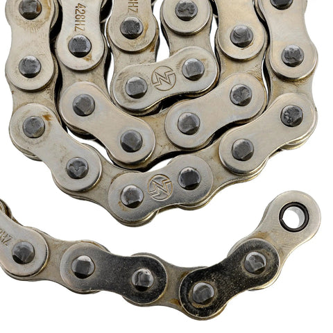 Close-up of the 428 pitch chain from the Drive Sprocket Chain Combo For Yamaha TTR125LE Front 13T Rear 54T 122 Links With Master Clip Set.