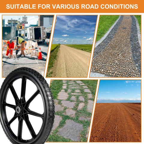 20-inch flat-free wheel and tire for wheelbarrow, black, 2-pack with 3/4 and 5/8 bearings