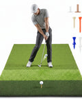 Golfer swinging on Extra Large 6 By 4 Foot Golf Practice Mat With Thick Base For Indoor And Outdoor Use Premium Tri Turf Hitting Mat.