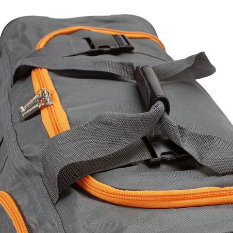 Close-up of 22 Inch Polyester Rolling Duffel Bag With Expandable Design, charcoal color, showing orange zippers and black handle straps.