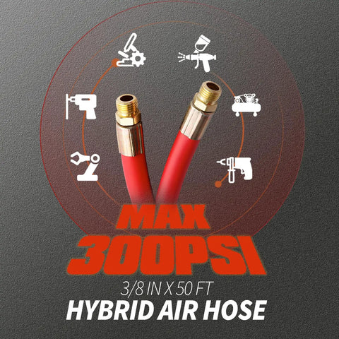 No More Snagging Lines, Retractable Air Compressor Hose Reel With Auto Rewind For 50 Foot 300 PSI Chores, 3/8 hybrid air hose.