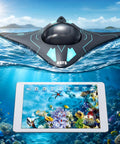 Waterproof Mini WiFi RC Boat With Camera for real-time video, floating on water, showcasing phone app interface with underwater scene.