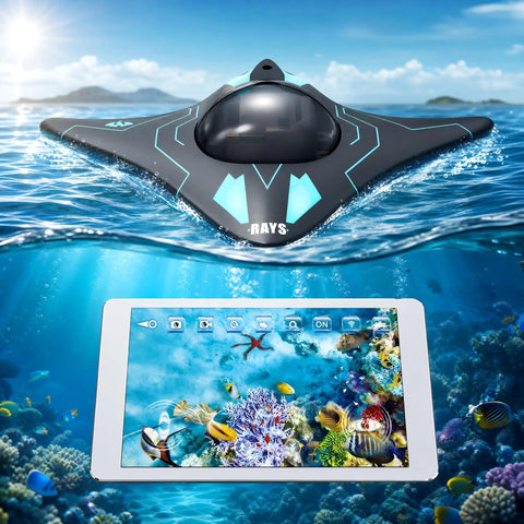 Waterproof Mini WiFi RC Boat With Camera for real-time video, floating on water, showcasing phone app interface with underwater scene.