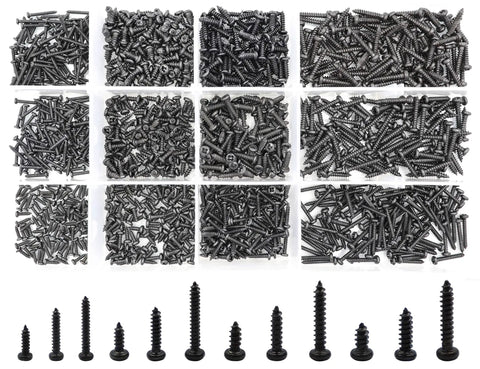 No Sweat Heavy Duty Black Carbon Steel Self Tapping Screws Assortment Kit With Smooth Round Pan Heads For Sheet Metal Electronics And Mini Wood Projects Packs Ten Reliable Sizes Inside Solid 1000 Piece Hardware Bag arranged in sections with varied lengths and sizes.
