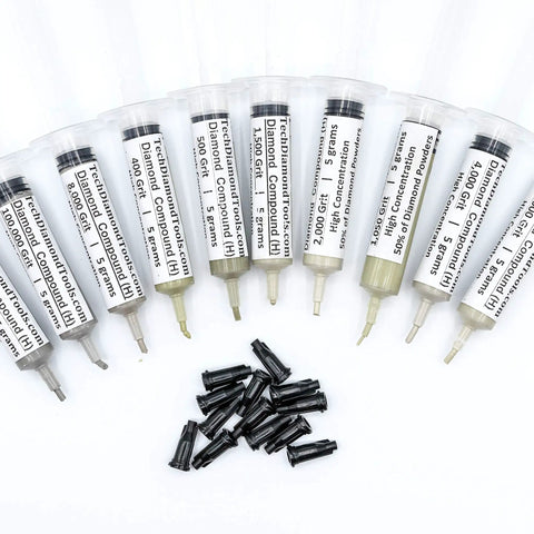 Diamond Polishing Paste Kit With 10 Pro Grade Pastes Featuring 50 Percent Diamond Powder, Oil Based Compound, Grit Range From 400 To 200000, Ideal For Marble Glass Metal Jewelry Resin Silver Gemstones, Made In USA, Includes 5 Gram Syringes