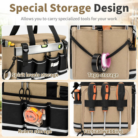 Hella Tough 14 Inch Heavy Duty Tool Bag Featuring Beefy Reinforced Fabric And Massive Main Compartment For Power Tools Measuring Instruments And Blueprints Pro Level 17 Pocket Workhorse Organizer