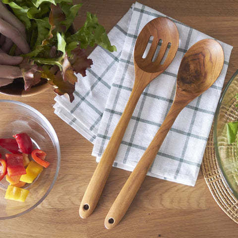 13.5 Inch Teak Cooking Spoon Wooden Mixing Spoon Handcrafted From Teak With High Moisture Resistance on plaid napkin