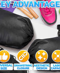 10 Pack Non Mesh Solid Travel Shoe Bags Set Waterproof Drawstring Sneaker Storage Organizer with shoes and accessories visible