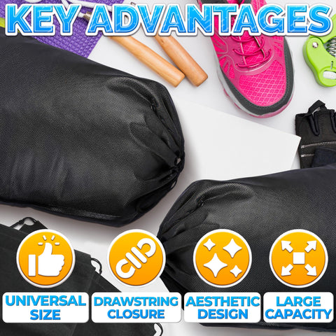 10 Pack Non Mesh Solid Travel Shoe Bags Set Waterproof Drawstring Sneaker Storage Organizer with shoes and accessories visible