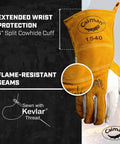Workhorse Goat Grain Welding Gloves For TIG And Multi Tasking With Split Cowhide Back Four Inch Extended Cuff White And Gold Large Kontour Design For A Better Fit Rugged Grip All Day Comfort And Wrist Support.