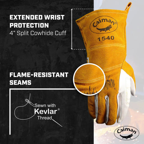 Workhorse Goat Grain Welding Gloves For TIG And Multi Tasking With Split Cowhide Back Four Inch Extended Cuff White And Gold Large Kontour Design For A Better Fit Rugged Grip All Day Comfort And Wrist Support.
