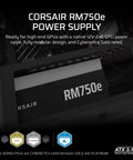 Fully Modular Low Noise 750W ATX 3.1 Power Supply With 12V 2x6 Cables, PCIe 5.1 Ready, Gold Efficiency, 105C Rated Capacitors, Modern Standby Mode, Black, showing product label and certification.