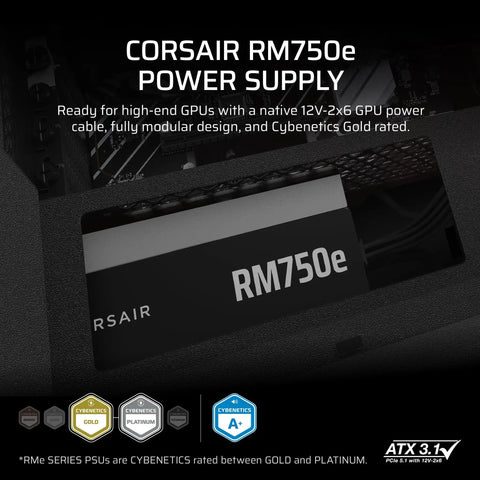 Fully Modular Low Noise 750W ATX 3.1 Power Supply With 12V 2x6 Cables, PCIe 5.1 Ready, Gold Efficiency, 105C Rated Capacitors, Modern Standby Mode, Black, showing product label and certification.