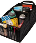 Backseat Car Organizer With Built In Cup Holders And Mesh Pockets Foldable With Handles 9 Compartments Road Trip Essential For Busy Families Kid Friendly Black Oxford Finish filled with snacks and drinks