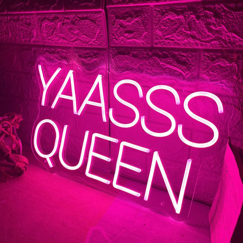 Pink Neon Sign LED Light For Bedroom Wall Decor Large 19.7x11 Inches displaying 'YAASSS QUEEN' on acrylic backboard