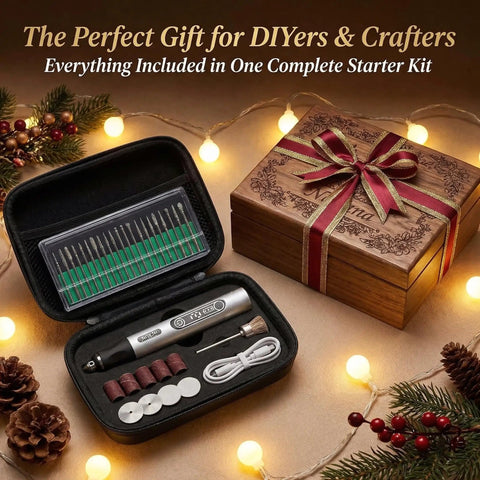 USB Rechargeable Mini Engraving Pen Cordless Rotary Tool with 54 accessories displayed in a gift set box
