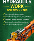 Front cover of the digital ebook How Hydraulics Work for Beginners, green background with orange hydraulic arm.