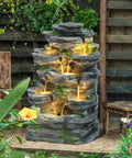 Outdoor 7 Tier Cascading Rock Water Fountain With Six LED Lights For Garden Patio Yard Decor Natural Stone Look