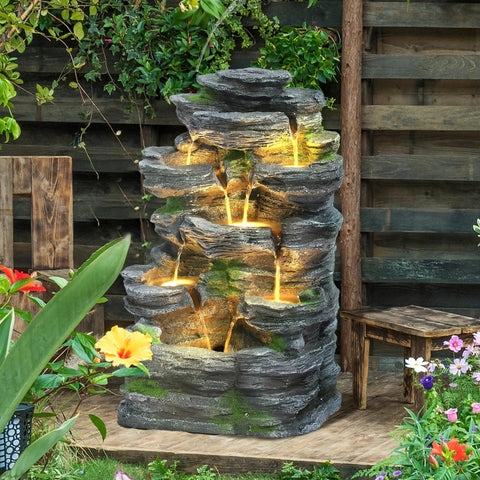 Outdoor 7 Tier Cascading Rock Water Fountain With Six LED Lights For Garden Patio Yard Decor Natural Stone Look