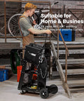Sturdy Three Tier Rolling Welding Cart With Upgraded Wheels And Tank Storage For TIG MIG Welder And Plasma Cutter Black Finish Built To Haul 220 Lbs Heavy Duty Shop Must Have, used by worker in workshop