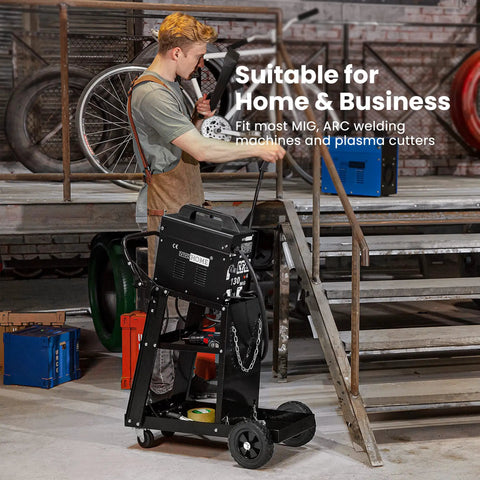 Sturdy Three Tier Rolling Welding Cart With Upgraded Wheels And Tank Storage For TIG MIG Welder And Plasma Cutter Black Finish Built To Haul 220 Lbs Heavy Duty Shop Must Have, used by worker in workshop