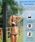 7Ft Outdoor Solar Heated Shower With 360 Degree Rotating Head, freestanding, in use, showing water flow and temperature control