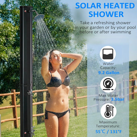 7Ft Outdoor Solar Heated Shower With 360 Degree Rotating Head, freestanding, in use, showing water flow and temperature control